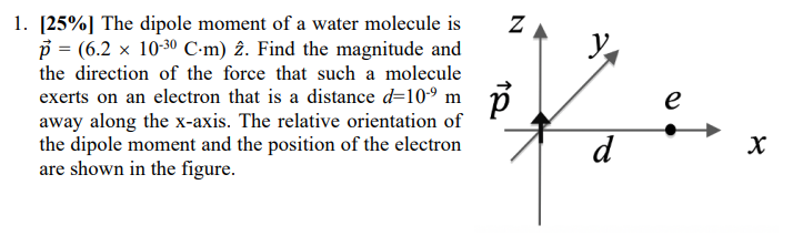 Solved 1. (25%) The dipole moment of a water molecule is p = | Chegg.com