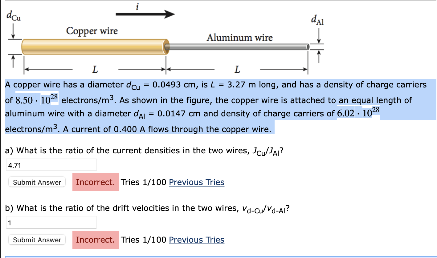 Solved A copper wire has a diameter dCu=0.0493 cm, is L=3.27