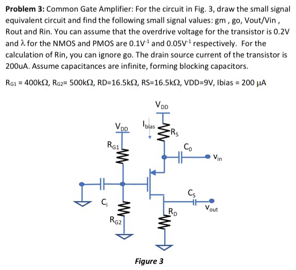 Solved Problem 3: Common Gate Amplifier: For the circuit in | Chegg.com
