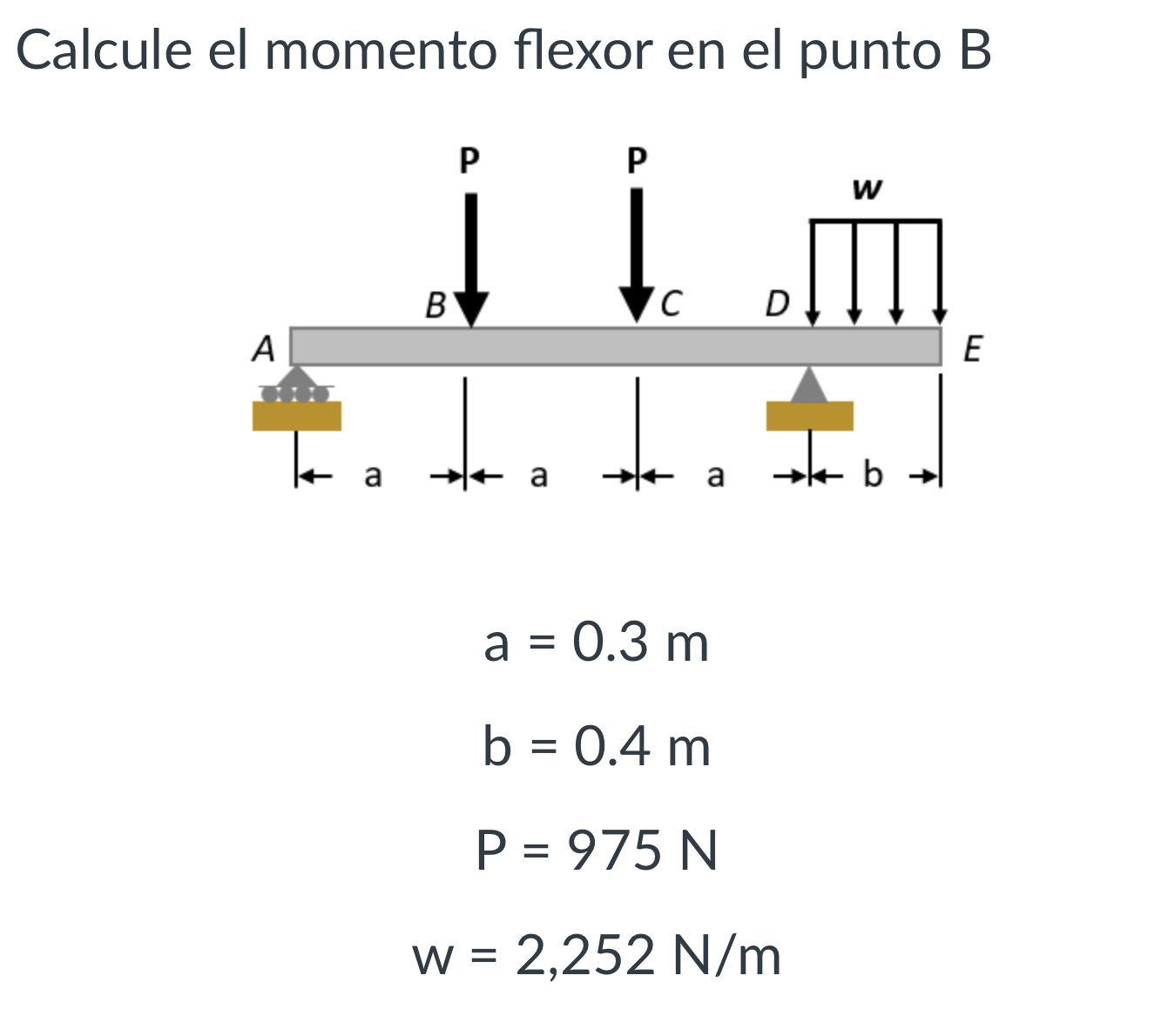 Calcule el momento flexor en el punto \( B \) \[ \begin{array}{c} a=0.3 \mathrm{~m} \\ b=0.4 \mathrm{~m} \\ P=975 \mathrm{~N}