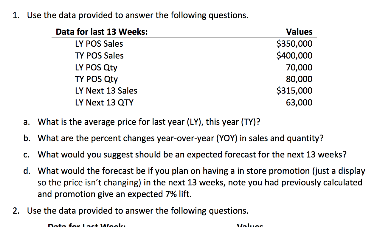 Solved 1. Use the data provided to answer the following | Chegg.com
