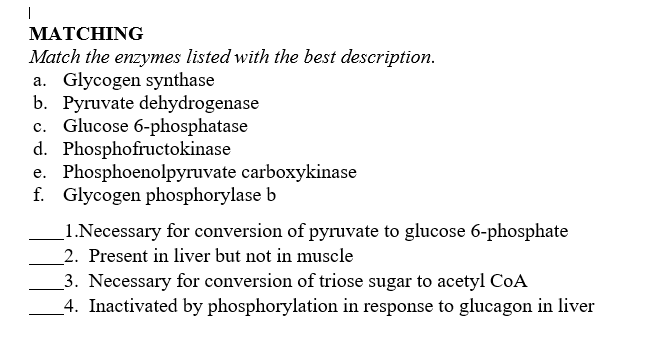 Solved MATCHING Match The Enzymes Listed With The Best | Chegg.com