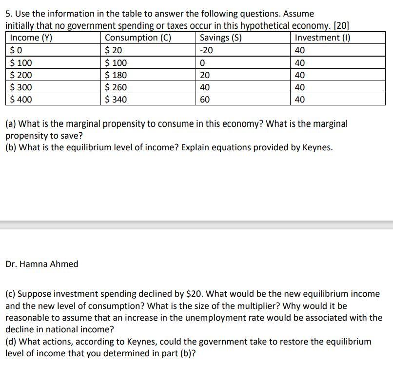 Solved 5. Use the information in the table to answer the | Chegg.com