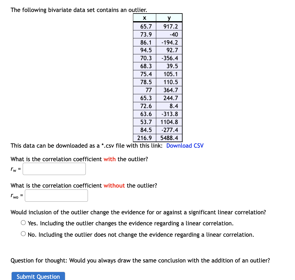 Solved The following bivariate data set contains an outlier. | Chegg.com