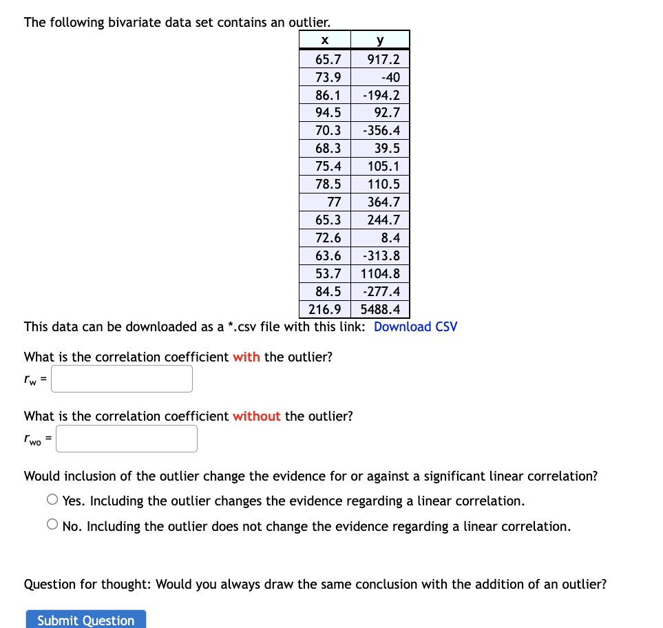 Solved The Following Bivariate Data Set Contains An Outlier. | Chegg.com