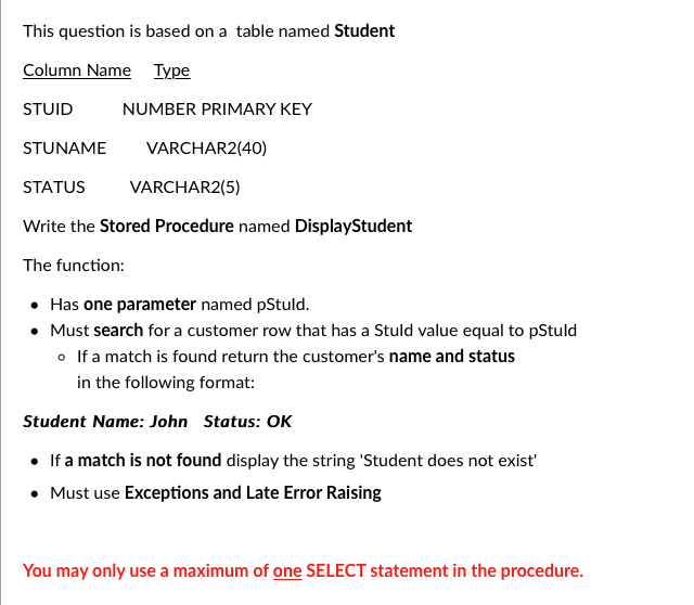 Solved This question is based on a table named Student | Chegg.com