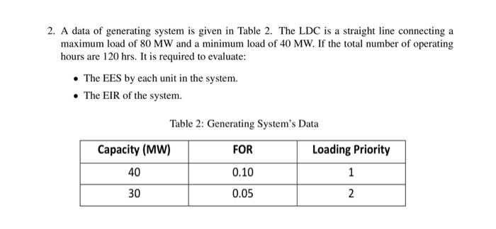 2. A data of generating system is given in Table 2. | Chegg.com