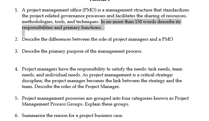 Solved 1. A project management office (PMO) is a management | Chegg.com