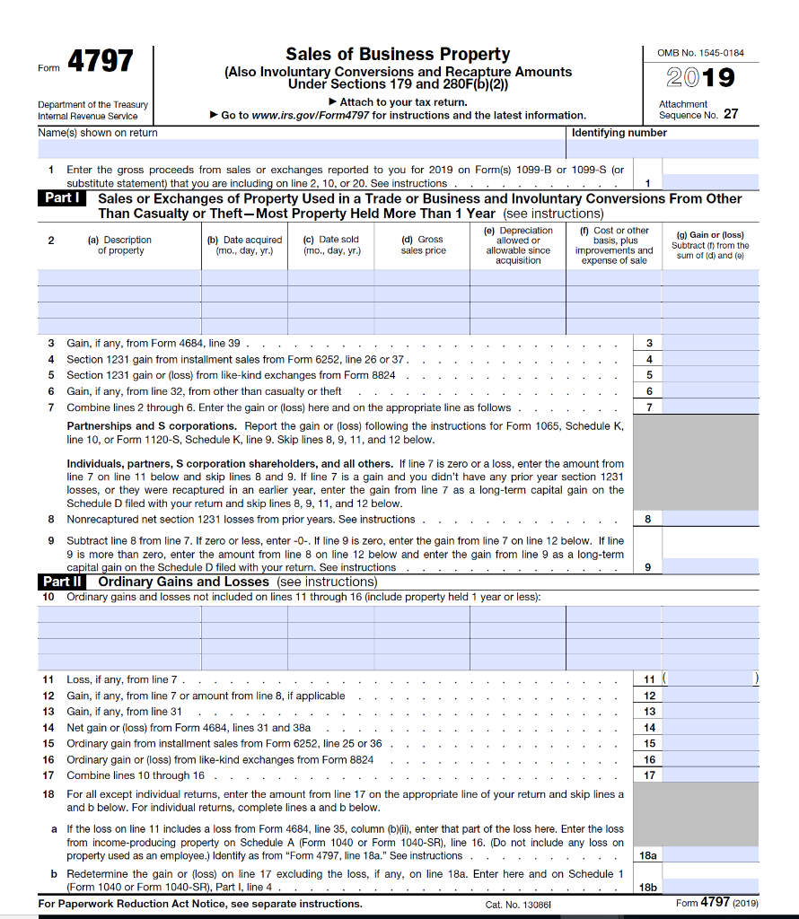 4797 Form Sales Of Business Property Omb No 1545 Chegg Com