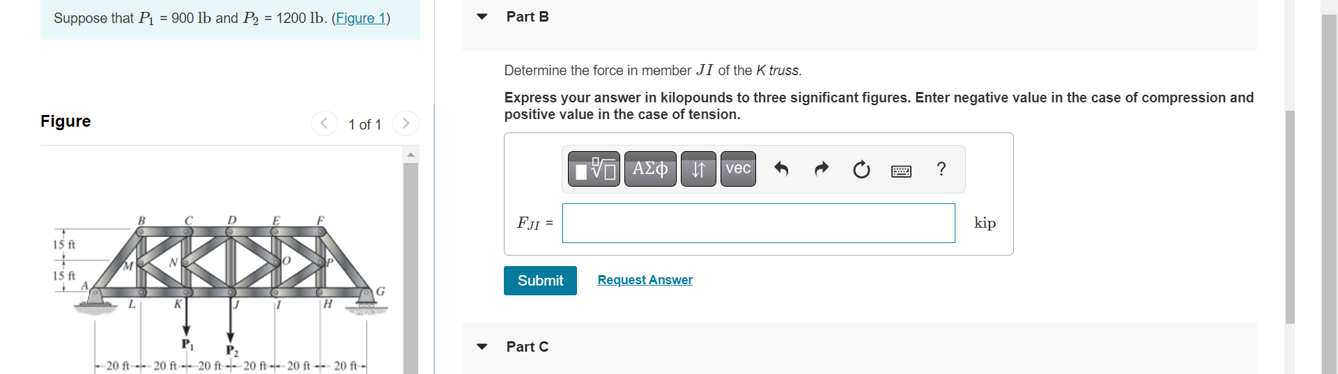 Solved Suppose That P1=900lb And P2=1200lb. (Figure 1) Part | Chegg.com