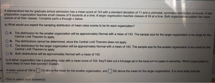 Solved A Standardized Test For Graduate School Admission Has | Chegg.com