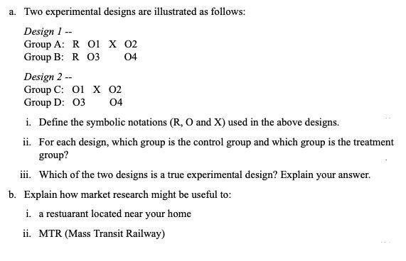 Solved Two experimental designs are illustrated as follows: | Chegg.com
