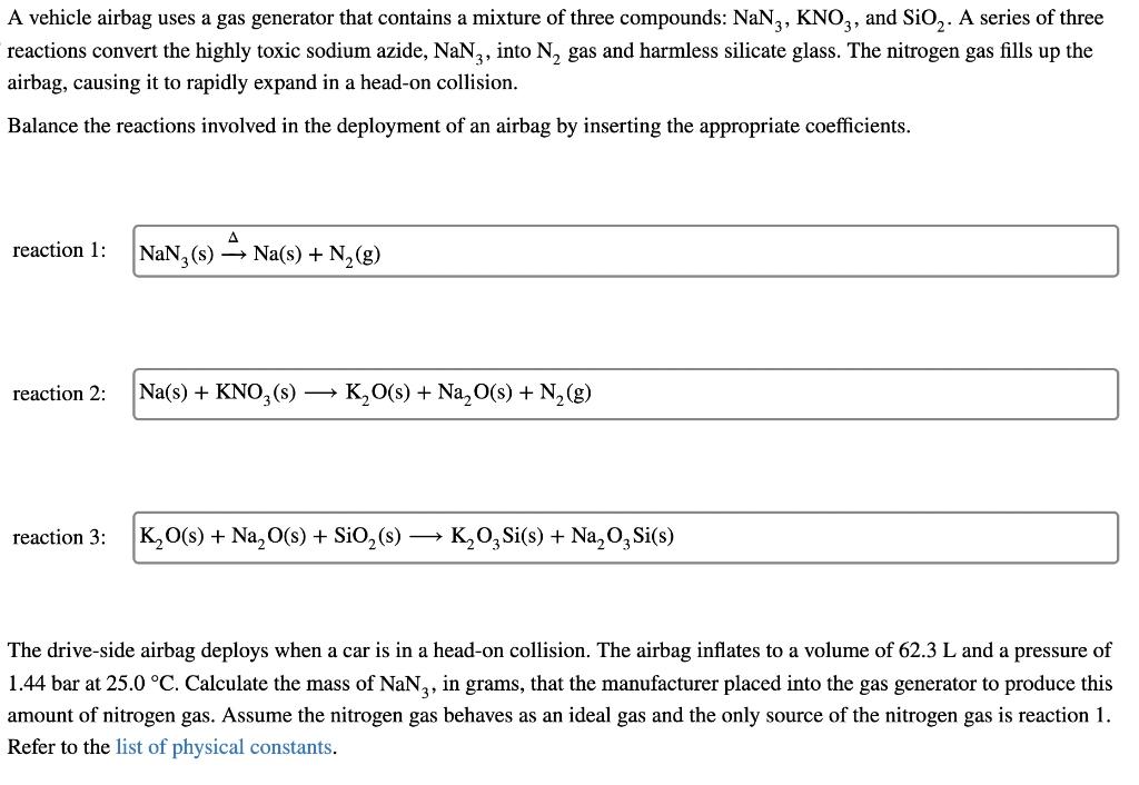Solved A vehicle airbag uses a gas generator that contains a