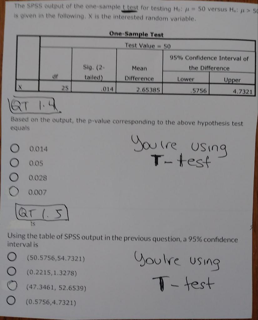 Solved The SPSS output of the one sample t test for testing | Chegg.com