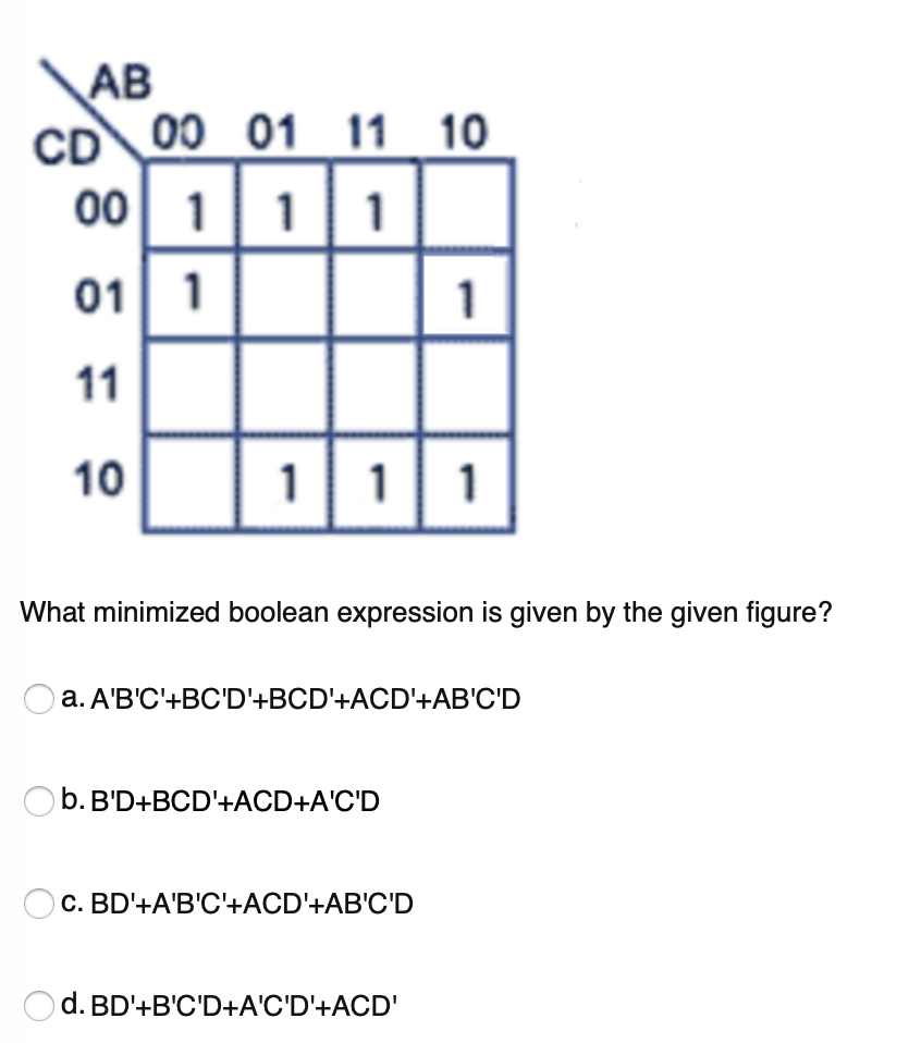 Solved AB CD 00 01 11 10 00 111 01 11 11 101111 What | Chegg.com