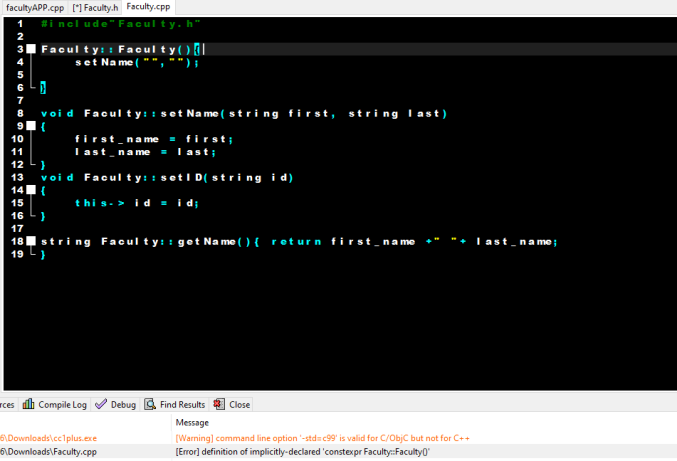 facultyAPP.cpp (*] Faculty.h Faculty.cpp #include Faculty. h** 3 Faculty: : Faculty set Name(,); 6 8 voi d Facultyri set
