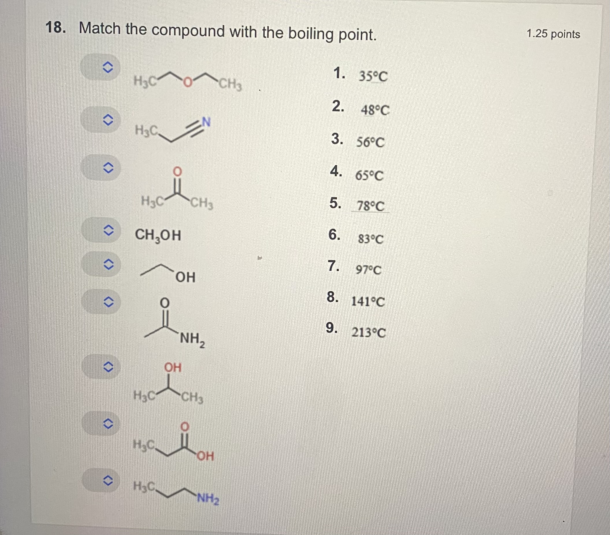 Solved 18. Match the compound with the boiling point. 1.25 | Chegg.com
