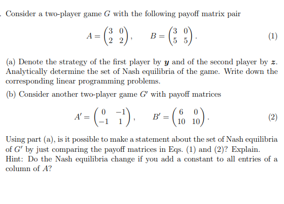 . Consider a two-player game G with the following | Chegg.com