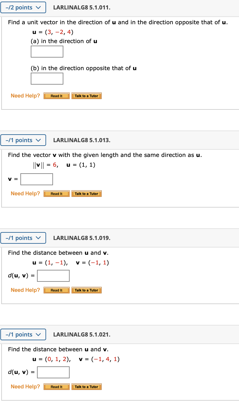 Solved -/2 points v LARLINALG8 5.1.011. Find a unit vector | Chegg.com