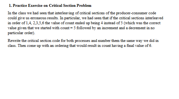 Solved Practice Exercise on ﻿Critical Section ProblemIn ﻿the | Chegg.com