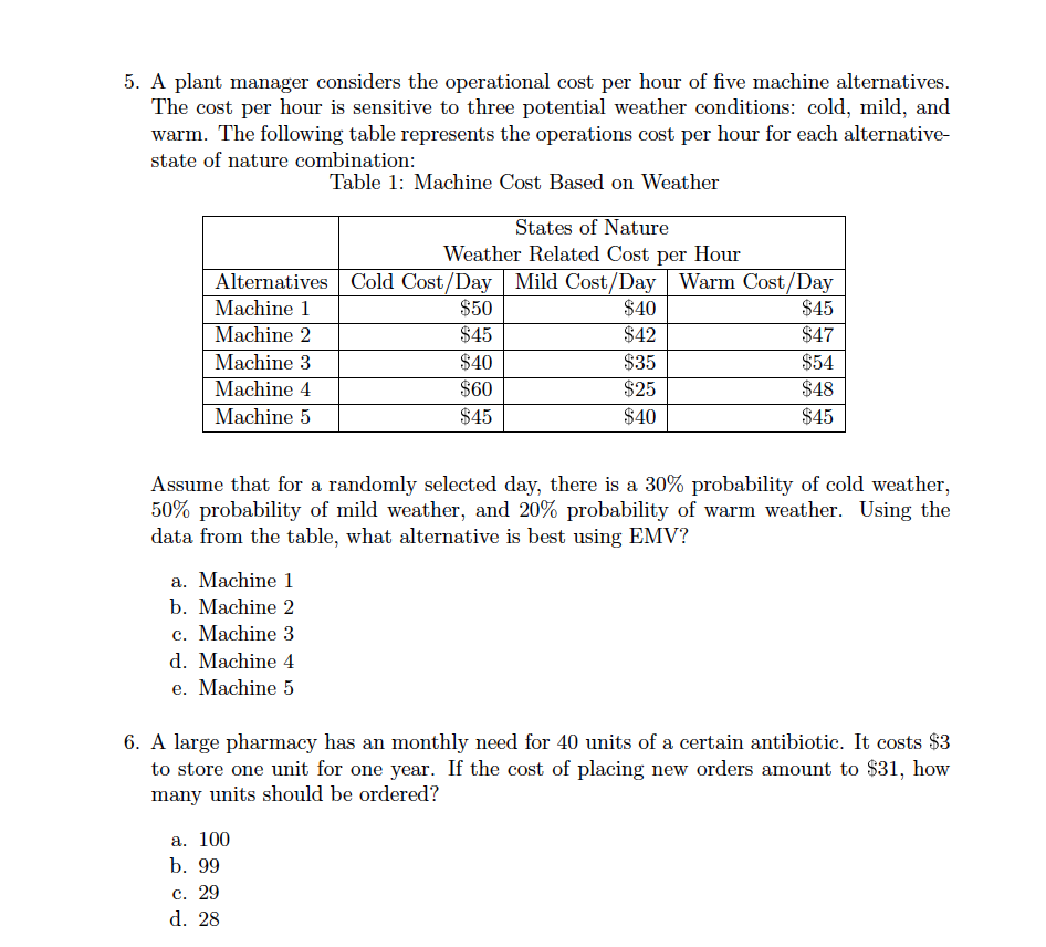 Solved 5. A plant manager considers the operational cost per | Chegg.com