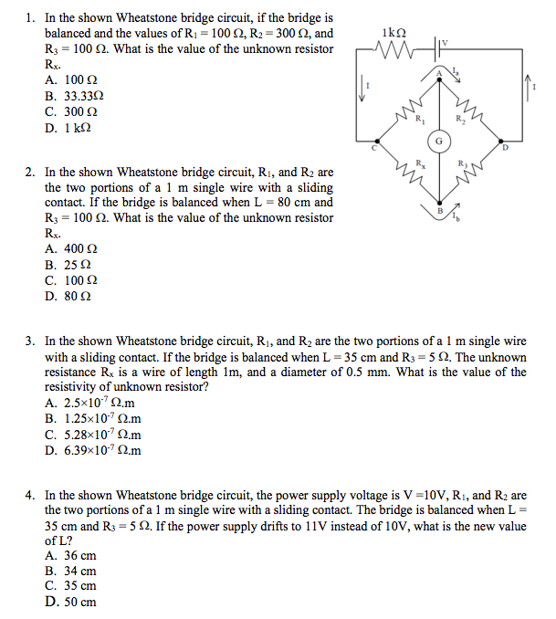 Solved 1kΩ HM 1. In the shown Wheatstone bridge circuit, if | Chegg.com