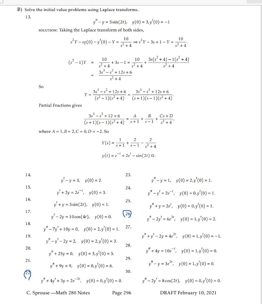 Solved B) Solve the initial value problems using Laplace | Chegg.com