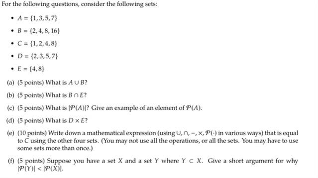 Solved For the following questions, consider the following | Chegg.com
