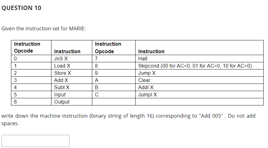 Solved QUESTION 10 Given the instruction set for MARIE: | Chegg.com