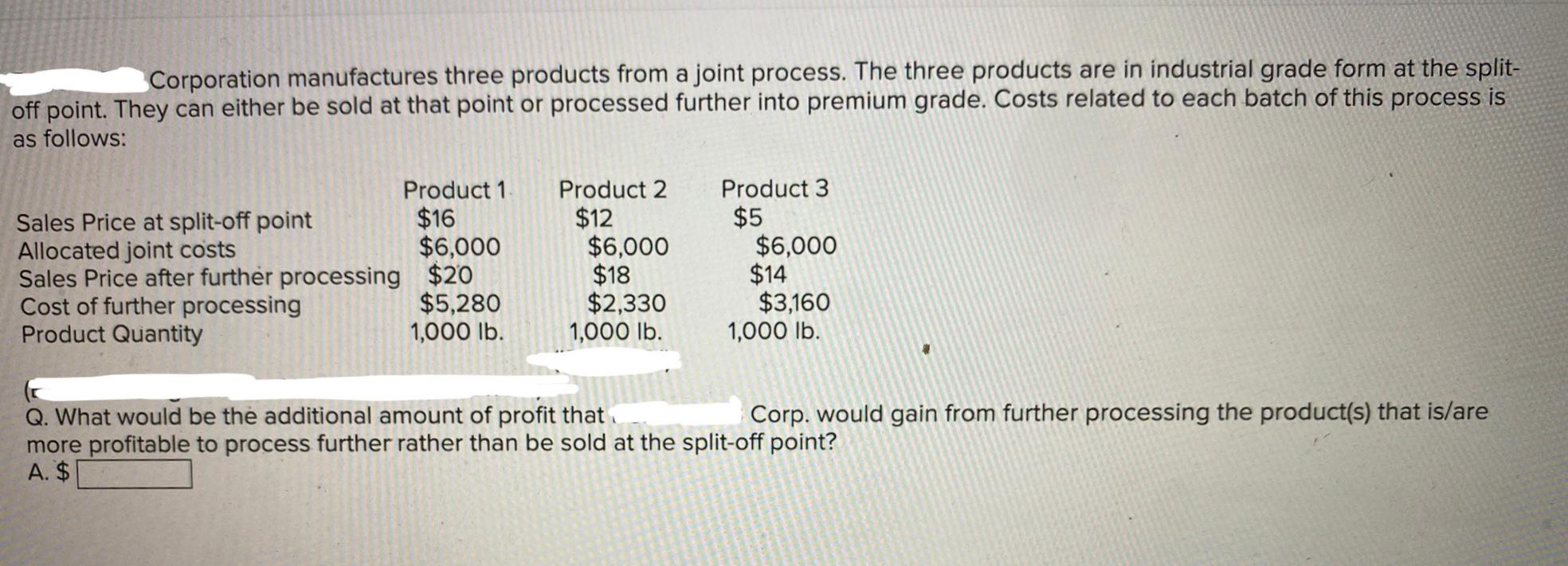 Solved Corporation Manufactures Three Products From A Joint | Chegg.com