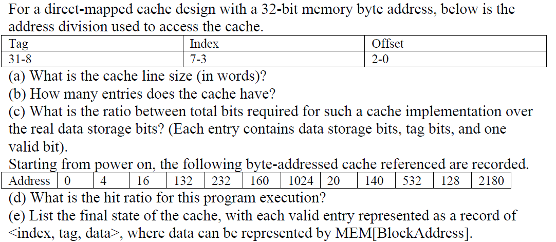 For a direct-mapped cache design with a 32-bit memory | Chegg.com