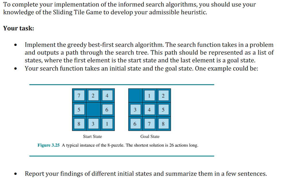 To complete your implementation of the informed search algorithms, you should use your knowledge of the Sliding Tile Game to