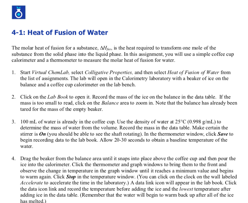 Solved 4 1 Heat Of Fusion Of Water The Molar Heat Of Fusion Chegg