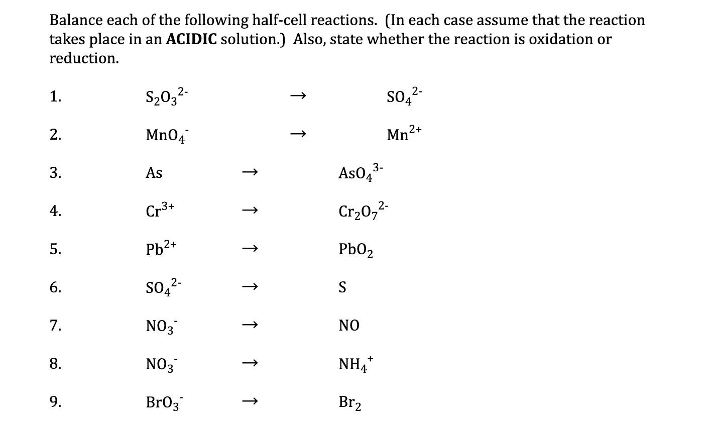 Solved Balance each of the following half-cell reactions. | Chegg.com