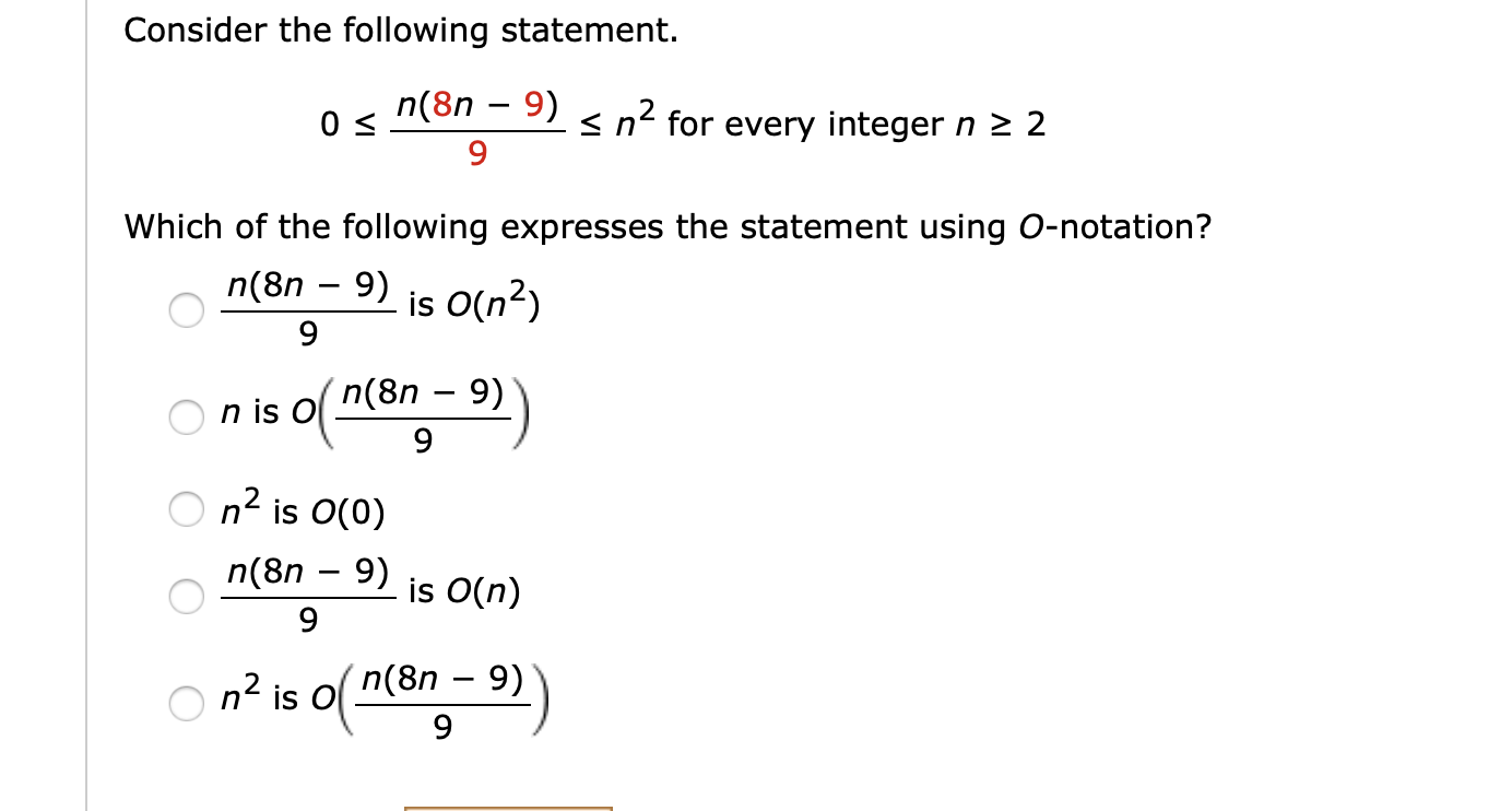 Solved Consider the following statement. os n(8n – 9) 9 s na | Chegg.com
