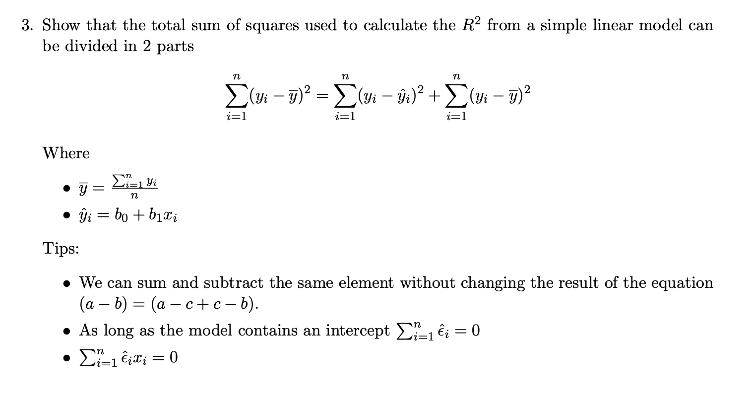 Solved Show that the total sum of squares used to calculate | Chegg.com