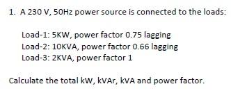 Solved 1. A 230 V, 50Hz power source is connected to the | Chegg.com
