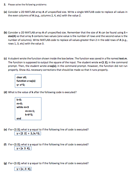 Solved 2) MATLAB - NOTE: The answers are not supposed to be | Chegg.com