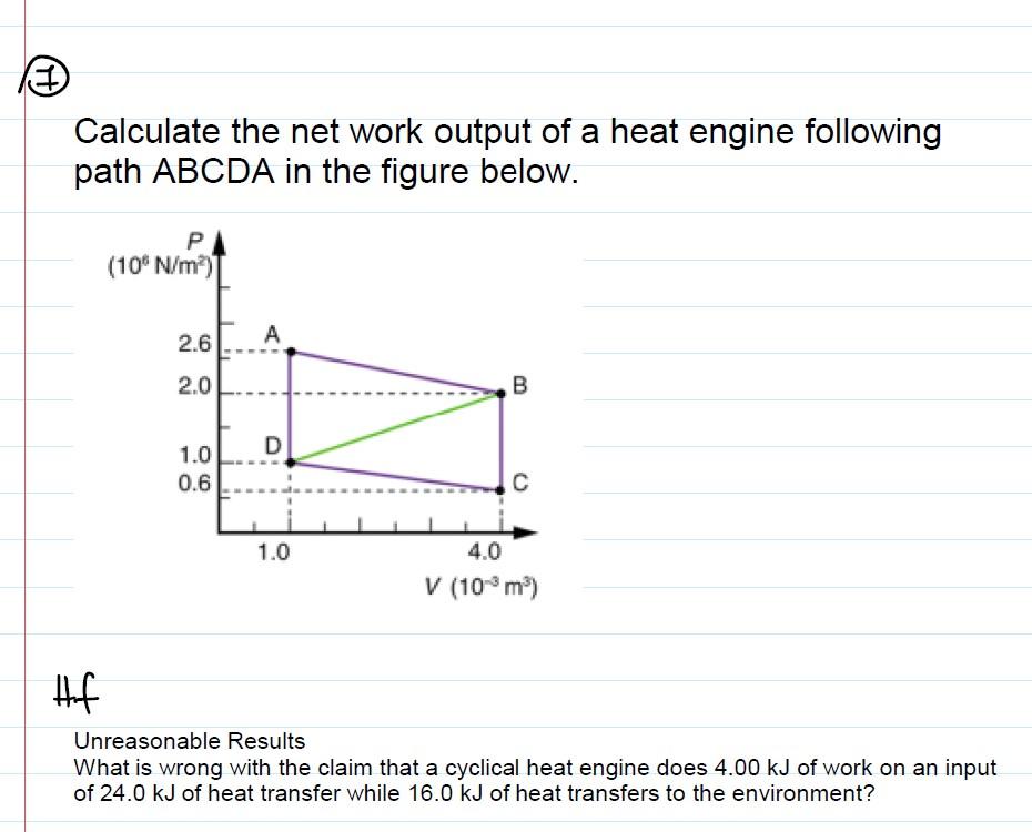 Calculate the net work output of a heat engine following path \( A B C D A \) in the figure below.
Hf
Unreasonable Results
Wh