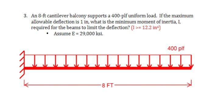 Solved 3. An 8-ft cantilever balcony supports a 400-plf | Chegg.com
