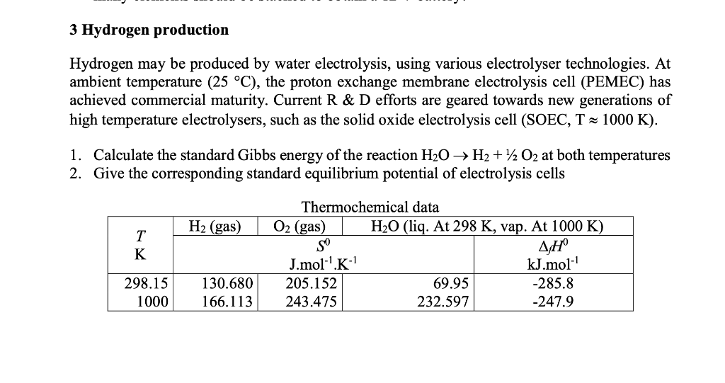 Solved 3 Hydrogen Production Hydrogen May Be Produced By | Chegg.com