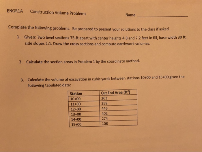 Solved ENGR1AConstruction Volume Problems Name: Complete the | Chegg.com