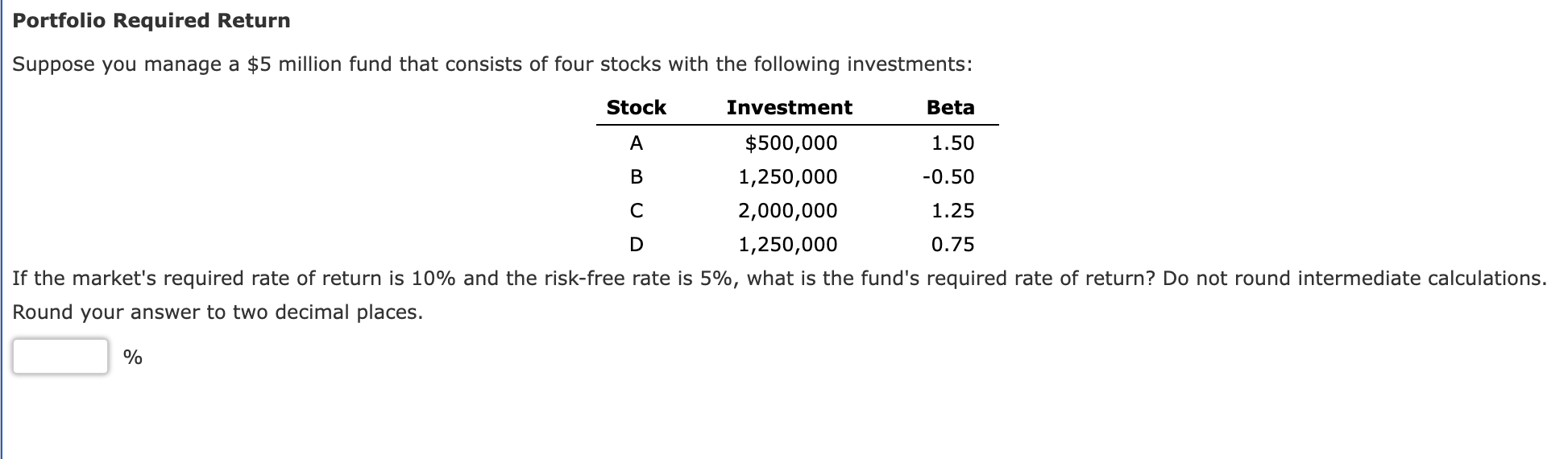 Solved Portfolio Required ReturnSuppose you manage a $5 | Chegg.com