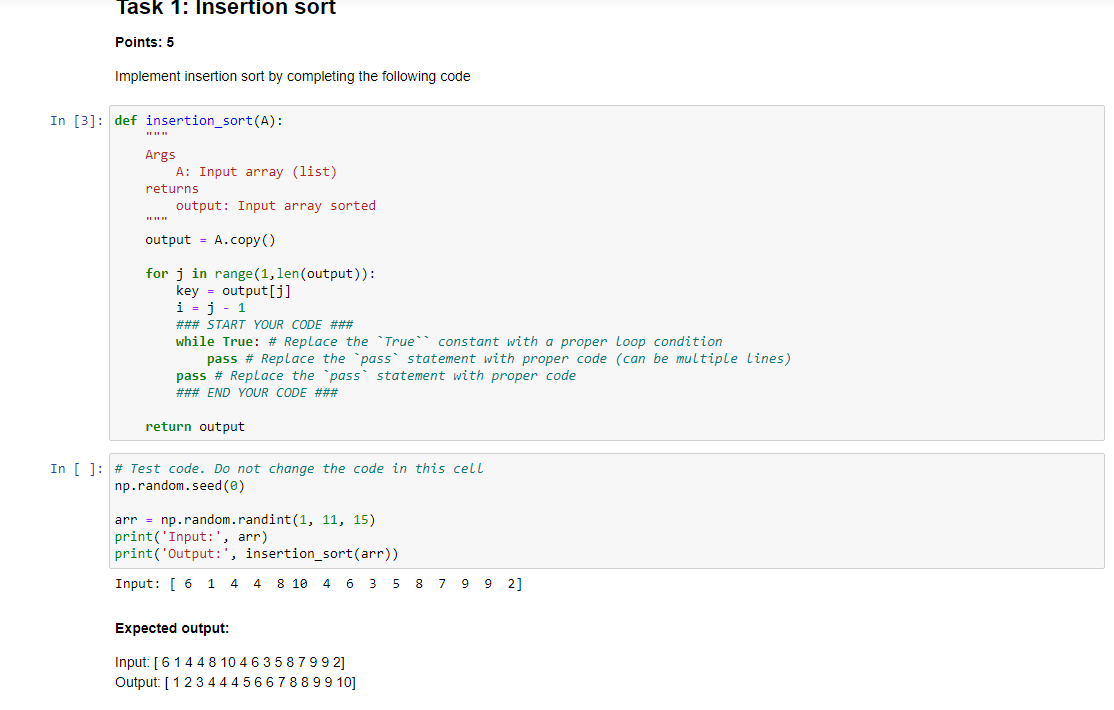 Solved Task 1: Insertion sort Points: 5 Implement insertion | Chegg.com