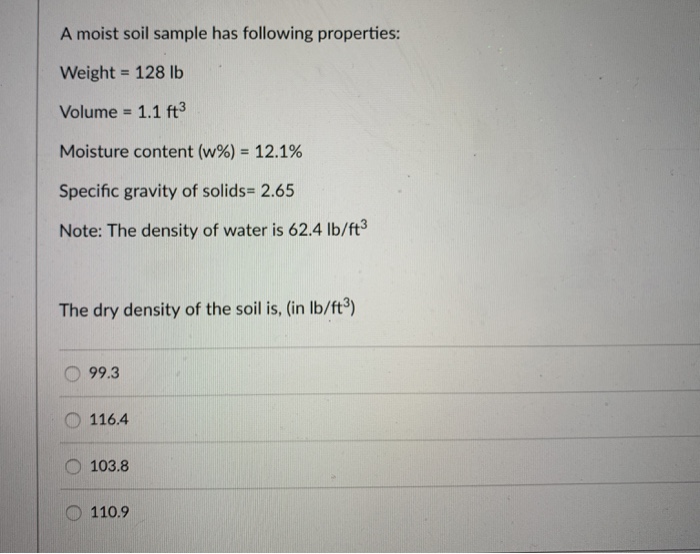 Solved A moist soil sample has following properties: Weight | Chegg.com