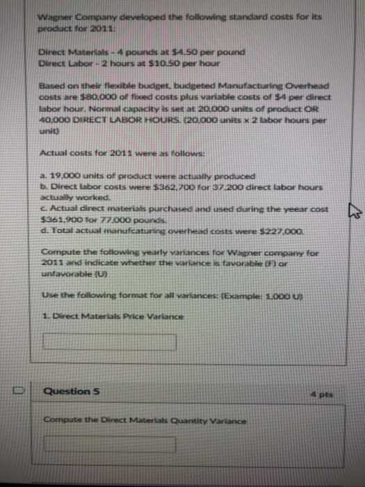 Solved Wagner Company developed the following standard costs