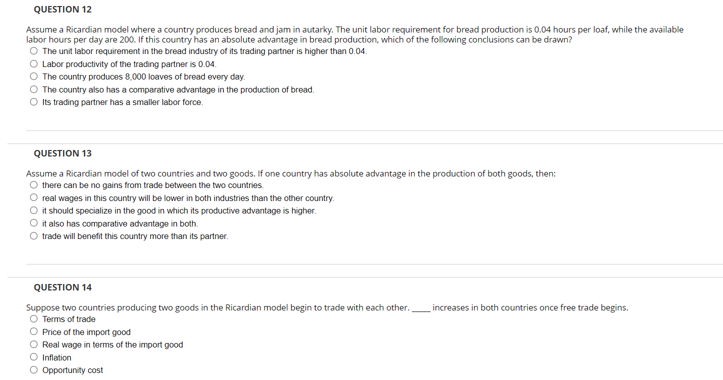 Solved QUESTION 12 Assume a Ricardian model where a country | Chegg.com