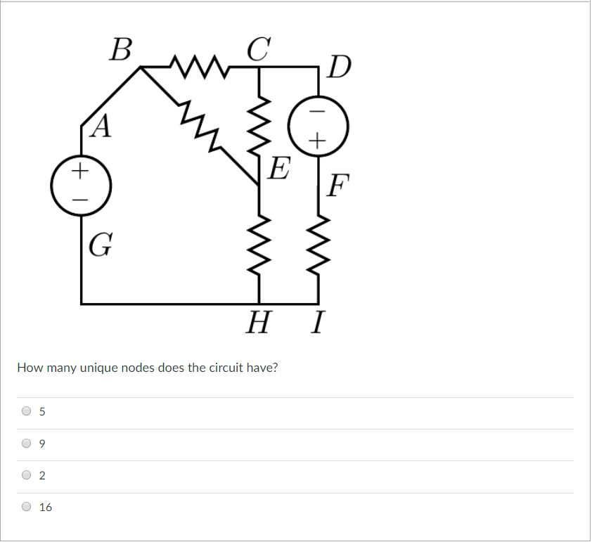 Solved H I How many unique nodes does the circuit have? o 9 | Chegg.com