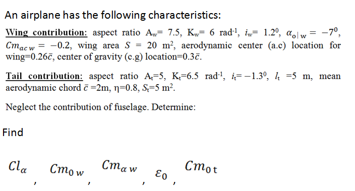 Solved An Airplane Has The Following Characteristics W Chegg Com