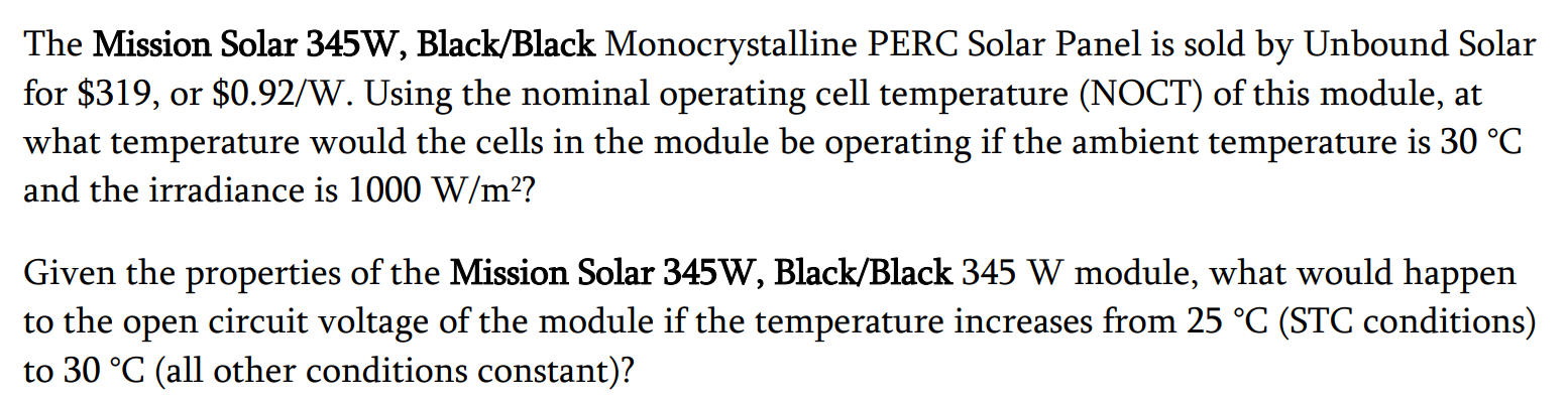 The Mission Solar 345W, Black/Black Monocrystalline PERC Solar Panel is sold by Unbound Solar for \( \$ 319 \), or \( \$ 0.92